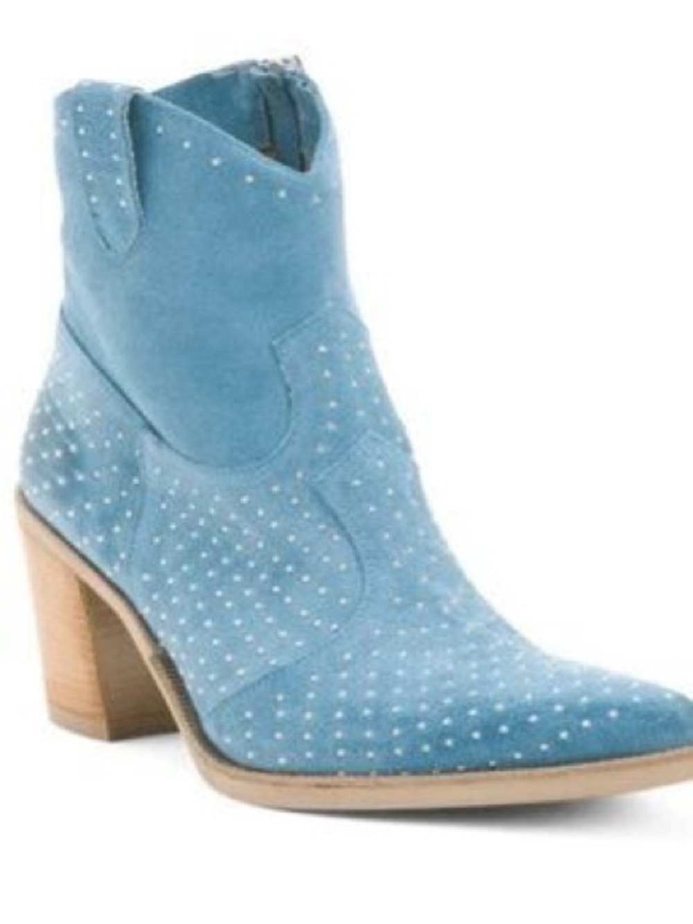 Emanuel Crasto Studded Light Blue Suede Western Ankle Boot